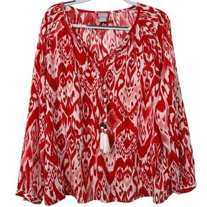 Chico's Vibrant Ikat Tassel Blouse Size 2 Scarlet/White - Worn Once